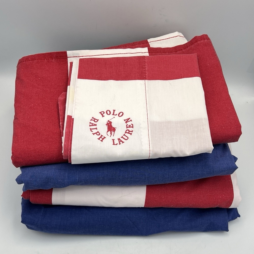 2 Ralph Lauren‎ Twin Sheet Sets; Blue Fitted and Red/white Stripe Flat &cases